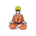 A pixel art image shows a male character with spiky yellow hair meditating in an orange gi, evoking a sense of calm and focus. His serene posture and the limited palette create a peaceful and contemplative mood.