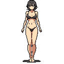A pixel art figure of a woman stands with a neutral expression against a stark black background, reminiscent of a character sprite or reference image. The muted color palette focuses on subtle shading to define her form.