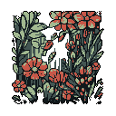 This pixel art captures the dense, quiet beauty of an overgrown patch of flora, dominated by reddish-orange and muted green hues. The close-up view emphasizes the wildness and mystery hidden within the interwoven leaves and petals.