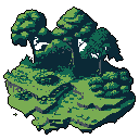 A lush, pixelated floating island bursts with varied trees and foliage, rendered in muted greens and blues. The isolated landmass, set against a stark black background, evokes a sense of peaceful, untouched mystique.