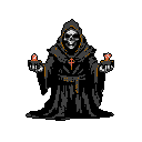 A pixelated, robed skeleton figure holds burning candles in a black void, radiating an ominous and macabre aura. Details like a cross pendant and rosary hint at occult or ritualistic undertones. The stark color palette of black, gray, and vibrant orange amplifies the unsettling presence of this retro-styled reaper.