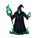 A skeletal Grim Reaper figure dominates the scene, draped in dark robes and wielding glowing green orbs of power. The image evokes a sense of ominous magic and foreboding through its stark contrast of dark tones and vibrant energy.
