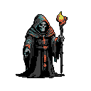 A cloaked, skeletal necromancer dominates this pixel art image, staff aflame in hand. The figure's ominous presence and dark attire evoke themes of death and arcane power, offering a chilling glimpse into a world of magic.