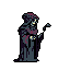 A mysterious, robed figure is silhouetted against the void, its obscured face and outstretched arm creating an ominous and melancholic presence. The pixel art evokes a sense of dark fantasy with its limited, somber color palette and focus on this solitary, spectral entity.