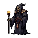 A robed, skeletal figure wielding a glowing staff extends a hand in this ominous pixel art, evoking the power of a necromancer or Grim Reaper. Adorned with golden accents, the figure stands against a stark black background, radiating a somber and mysterious aura.