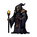 A hooded, skeletal figure clutches a staff and pouch, radiating an ominous aura of death and dark magic in this retro-style pixel art. The grim reaper-esque character is draped in dark robes, hinting at a foreboding presence.