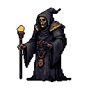 A pixelated Grim Reaper figure, cloaked in dark robes and wielding a glowing staff, exudes an aura of ancient power and ominous mystery. The skeletal face and stark yellow highlights against the dark palette create a haunting and captivating image of death personified.