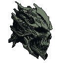 This pixel art showcases a menacing alien creature's head in stark detail, its snarling maw and angular features conveying raw aggression. Rendered in a grim, monochromatic palette of grey and olive green against a void-black background, the image evokes a chilling sense of sci-fi horror. The intricate pixel work emphasizes the creature's armored, predator-like qualities.