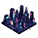 This pixel art showcases a miniature, isometric cyberpunk cityscape at night, where abstract skyscrapers glow with vibrant neon lights and digital displays. The scene bursts with energetic nocturnal activity and advanced technology.