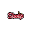 This pixel art features the word "Sleep" in a blocky, ominous font rendered in dark reds and purple-gray, punctuated by a few sparse yellow pixels. The simple typography and somber color palette against a black background create an unsettling vibe.