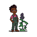 A relaxed, dark-skinned youth in bright pink and green stands beside a flourishing plant with dark purple flowers, their gentle smile and the small heart icon conveying a feeling of peace and contentment.