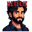 This pixel art portrait features a bearded man with striking blue eyes, styled with a modern edge, against a stark background. The "NETFLIX" text above his head adds a pop culture twist.