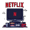 A pixel art scene captures a cozy night in, showcasing a TV streaming Netflix above a retro-style media console filled with glowing electronics against a solid black backdrop. The iconic red Netflix logo and glitching text pop against the darker tones, evoking a sense of modern leisure and pixelated nostalgia.