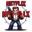 This pixel art image features a determined, rugged-looking male character in an action pose, armed with a gun and fist, set against a backdrop featuring the NETFLIX logo. The retro style and dynamic composition evoke a nostalgic, action-packed vibe.