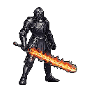 A formidable knight in dark plate armor stands ready, wielding a blazing greatsword engulfed in vibrant flames. The pixel art image evokes a sense of dark fantasy and immense power.