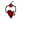 This pixel art image features a stylized, inverted ice cream cone with a textured red "cone" topped with dripping white cream and a bright red cherry. Isolated against a stark black background, the dessert's bold colors and simple design create a whimsical and eye-catching icon.