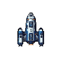 A top-down pixel art spaceship design features cool blues and whites accented by orange, creating a retro sci-fi aesthetic. The detailed, blocky ship stands out against a stark black background, highlighting its clean, utilitarian design.