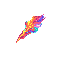 A vibrant, stylized pixel art feather or energy burst explodes with color against a stark black background, radiating otherworldly energy and motion.