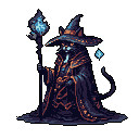 A feline wizard, cloaked in shadow and wielding a glowing staff, stands ready with bright eyes amidst a mystical darkness. This pixel art evokes a sense of arcane power and feline mystery.