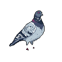 This pixel art image captures a watchful rock dove, depicted in shades of gray and blue with striking red eyes. The simple yet detailed style brings a touch of urban realism to the solitary bird.