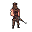 A pixelated desert raider, masked and armed, stands ready against a stark background. The muted earthy tones of their clothing and weapon hint at a life of survival in a harsh, unforgiving environment.