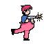 This pixel art features a quirky, pink-haired humanoid balancing on one leg while holding a yellow and black object. The character's surreal design includes a blue cape and a mechanical coil, creating a playful yet imaginative vibe.