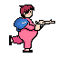 A chubby, pajama-clad character with reddish-brown hair strikes a playful pose while aiming a gun, a blue backpack slung over their shoulder. The pixel art's simple color palette and child-like style create an absurd and intriguing image.