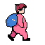A mysterious, peach-skinned figure with obscured eyes walks with a blue bag in this pixel art image. Rendered in a muted palette of pinks and blues, the character's mid-stride pose creates a stealthy or whimsical vibe.