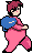 A vibrant, pixelated character with red-purple hair and a blue backpack sprints across the frame in a pink outfit. This retro-style figure sports dark glasses and a playful energy against a stark black backdrop.
