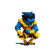 This pixel art features a blue-skinned, yellow-eyed hero (or villain!) in a striking blue and yellow costume, crouched and ready for action. The character's intense expression and bold color scheme give off a classic superhero vibe.