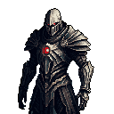 A heavily armored knight stands ready, piercing red eyes glowing from within his helmet. The dark, metallic armor and stylized chest emblem hint at a powerful and perhaps menacing presence.