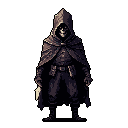 A cloaked, skeletal figure stands ominously in the dark, clutching a possible dagger. The grim character, shrouded in layered clothing, evokes a sense of medieval fantasy and foreboding.