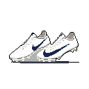 This pixel art showcases a pair of white football cleats, meticulously detailed with subtle shading. The minimalist design focuses on the equipment itself, set against a stark black backdrop.