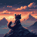 A lone cat silhouetted against a vibrant sunrise or sunset gazes over a majestic mountain range, creating a scene of quiet wonder and contemplation.