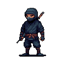 A lone, pixelated ninja stands ready against a void backdrop, clad in dark blues with subtle orange-brown accents on weapons and wraps. The image evokes a sense of stealth and classic ninja mystique, highlighted by the katana on the ninja's back and a dagger in hand.