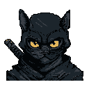 A stoic, pixelated ninja cat stares intently forward, clad in dark attire with a sword hilt visible, its golden eyes piercing the darkness. This anthropomorphic feline exudes an air of mystery and quiet power.