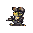 A heavily armed, cybernetic frog sits ready for action, its natural form augmented with robotic arms, a rifle, and missile launchers. This pixel art image creates a powerful and slightly intimidating juxtaposition of nature and aggressive technology.