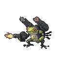 This pixel art showcases an armored, battle-ready frog wielding a massive Gatling gun. The intense image, complete with muzzle flash and skull emblem, blends a whimsical creature with a formidable military aesthetic.
