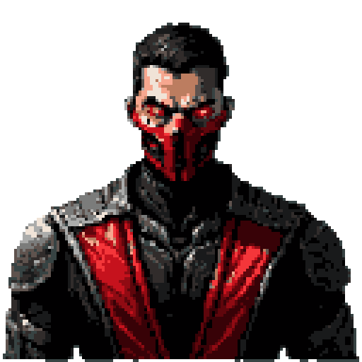 A pixel art warrior with glowing red eyes and a menacing mask stares intently, radiating power and mystery. The detailed character design and dark color scheme create an ominous and formidable presence.