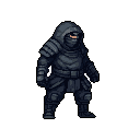 A mysterious, heavily armored figure cloaked in darkness stands vigilant, face obscured by goggles and cowl. Rendered in striking pixel art, the character exudes an aura of stealth and foreboding.