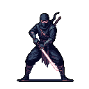 A pixel art ninja, cloaked in dark blue-gray, stands poised for battle, his bright pinkish-red katana ready to strike. The image highlights the character's agility and preparedness.
