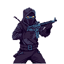 A cloaked, rifle-wielding figure in ninja-like attire is depicted in a pixel art style, poised and ready for action. The dark color palette and masked face create an ominous tone, hinting at stealth and danger.