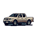 This pixel art showcases a detailed, side-profile view of a beige Nissan pickup truck against a stark black background. The muted color palette and subtle details, like tire treads and the manufacturer's emblem, give the low-resolution image a surprisingly realistic and rugged feel.