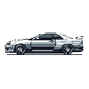 This pixel art showcases a sleek, monochromatic Nissan Skyline R34, capturing its iconic design in a retro, stylized format. The focus is entirely on the car's distinctive features, evoking a sense of cool nostalgia.