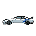 This pixel art showcases a classic white Nissan Skyline R34 with blue racing stripes, rendered in a retro, video game style. The iconic sports car is captured in a clean, static side profile.