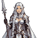 A poised elven warrior is depicted in striking pixel art, her ornate armor and flowing white hair radiating ethereal strength. She stands ready, gripping an intricate spear, her gaze conveying calm determination. The focus is entirely on her, set against a stark black background.