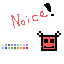 A cheerful red pixel character gazes at a "Noice" speech bubble, creating a lighthearted and playful vibe. The simple design and contrasting colors highlight the image's charm.