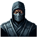 A mysterious ninja assassin stares forward, their glowing yellow-orange eyes piercing through the darkness. The pixel art portrait focuses on the masked figure's intense gaze, creating a sense of danger and intrigue.