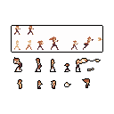 This pixel art sprite sheet showcases a female character in dynamic combat poses, including running, jumping, and attacking animations. Fragmented visual effects for hits and impacts accompany the character, all rendered in a retro-inspired brown and beige palette.