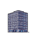 This pixel art showcases a multi-story building, rendered in cool greys and blues, with repetitive window patterns suggesting a modern or brutalist architectural style. The detailed reflections and darker base add depth to the otherwise static, isolated structure.